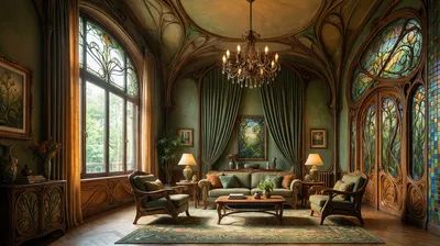 A photorealistic interior of an Art Nouveau living room. The room features a large window, a sofa, two armchairs, a coffee table, a chandelier, and decorative objects. The color palette is warm amber and forest green.