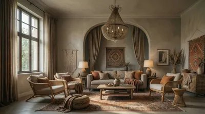 A photorealistic living room with rattan furniture, a sofa, and a large window.