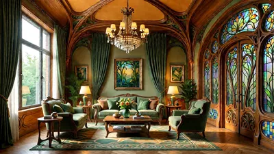 An Art Nouveau living room with a sofa, armchairs, and a coffee table. The room features stained glass doors, a large window, and a chandelier.