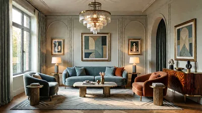 A photorealistic living room with a sofa, armchairs, and a chandelier. The room is decorated in muted tones with geometric patterns and arched forms.