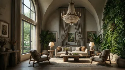A luxurious living room with high ceilings, featuring a sofa, armchairs, a coffee table, and a large window with curtains. A vertical garden and chandelier add to the elegant ambiance.