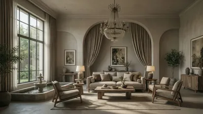 A spacious living room with a large window, sofa, armchairs, and a chandelier.