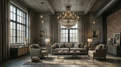 A photorealistic living room with high ceilings, featuring a sofa, armchairs, a coffee table, and a large chandelier. The room has exposed concrete ceilings, brick walls, and large windows.