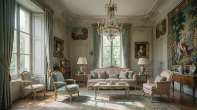 A luxurious living room in the French Louis XV Rococo style, featuring a sofa, armchairs, a chandelier, and framed artwork.
