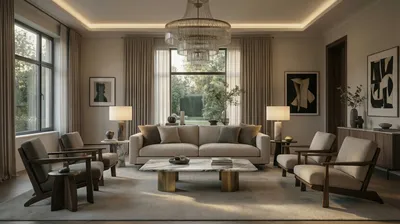 A luxurious living room with a sofa, armchairs, a coffee table, and a chandelier.
