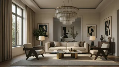 A well-lit living room with a sofa, armchairs, and a chandelier.