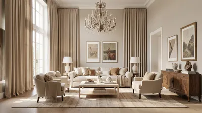 A spacious, elegantly furnished living room with high ceilings, large windows, a sofa, armchairs, coffee table, and chandelier.
