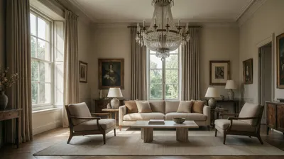 A well-lit living room with a sofa, armchairs, and a coffee table, adorned with a chandelier and artwork.