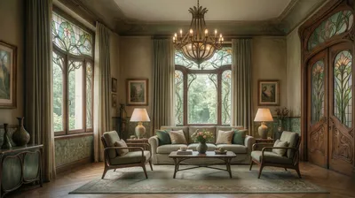 A luxurious living room with large windows, a sofa, armchairs, and a chandelier.