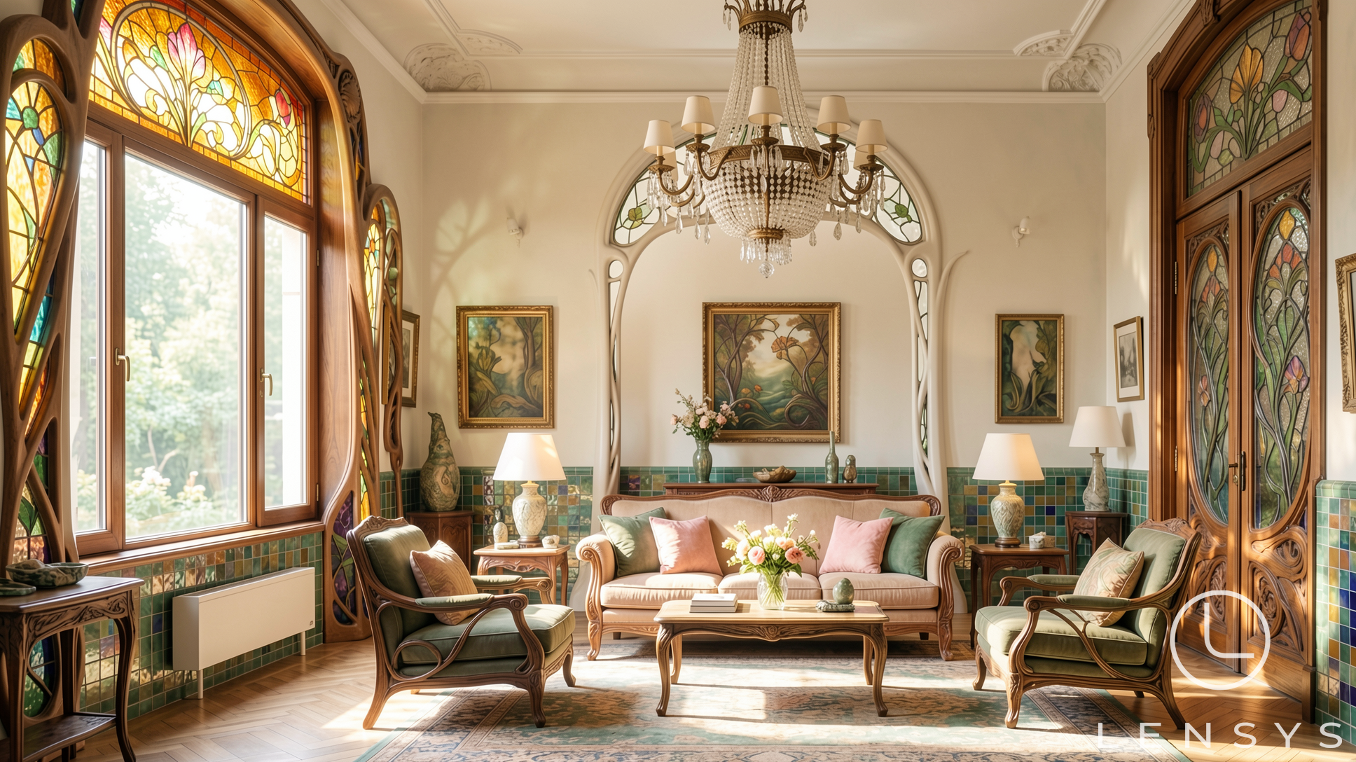 An Art Nouveau living room with stained glass windows, ornate furniture, and a chandelier.