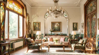 An Art Nouveau living room with stained glass windows, ornate furniture, and a chandelier.