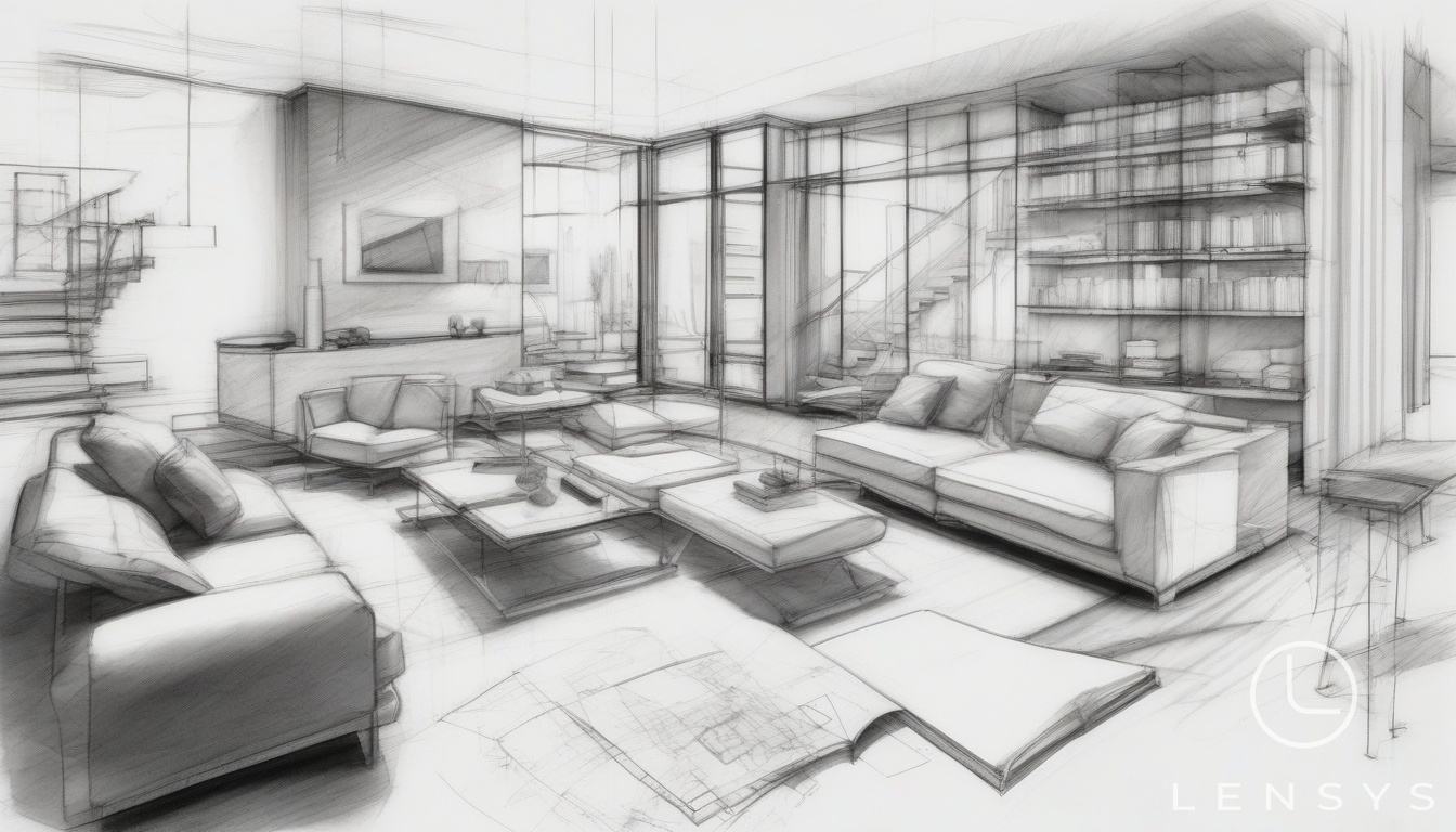 Pencil sketch of a modern living room interior with furniture and architectural details.