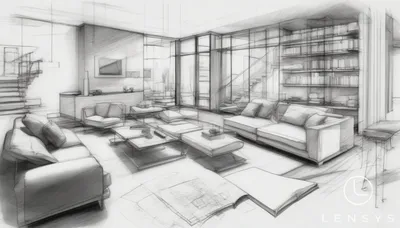 Pencil sketch of a modern living room interior with furniture and architectural details.