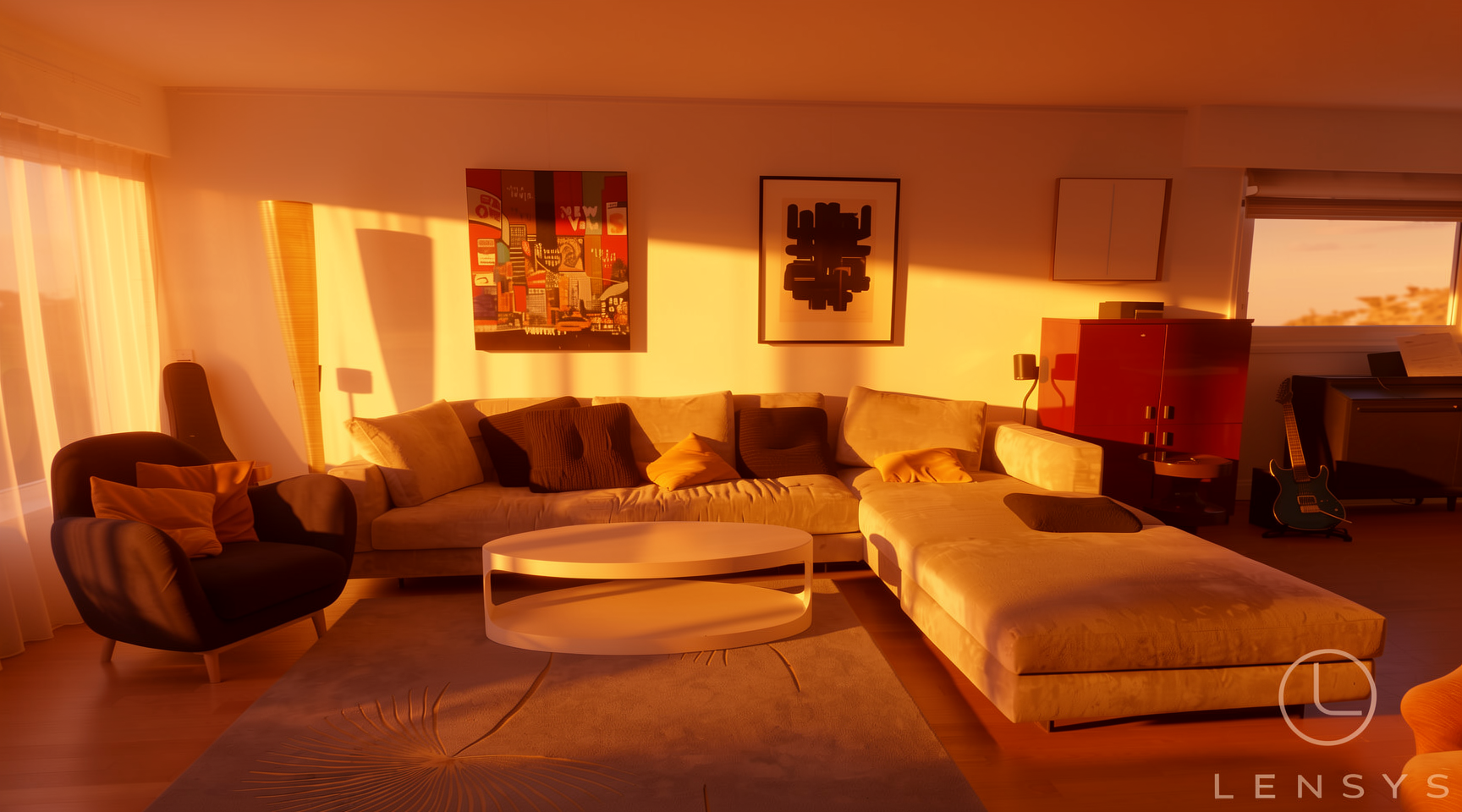 A modern living room bathed in warm, golden sunset light, featuring a large sectional sofa, armchair, coffee table, and wall art.