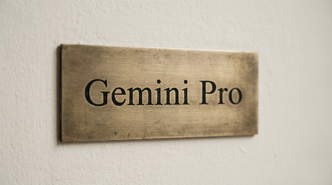 A brass plaque with "Gemini Pro" engraved in serif font, mounted on a textured off-white wall, lit from the left.