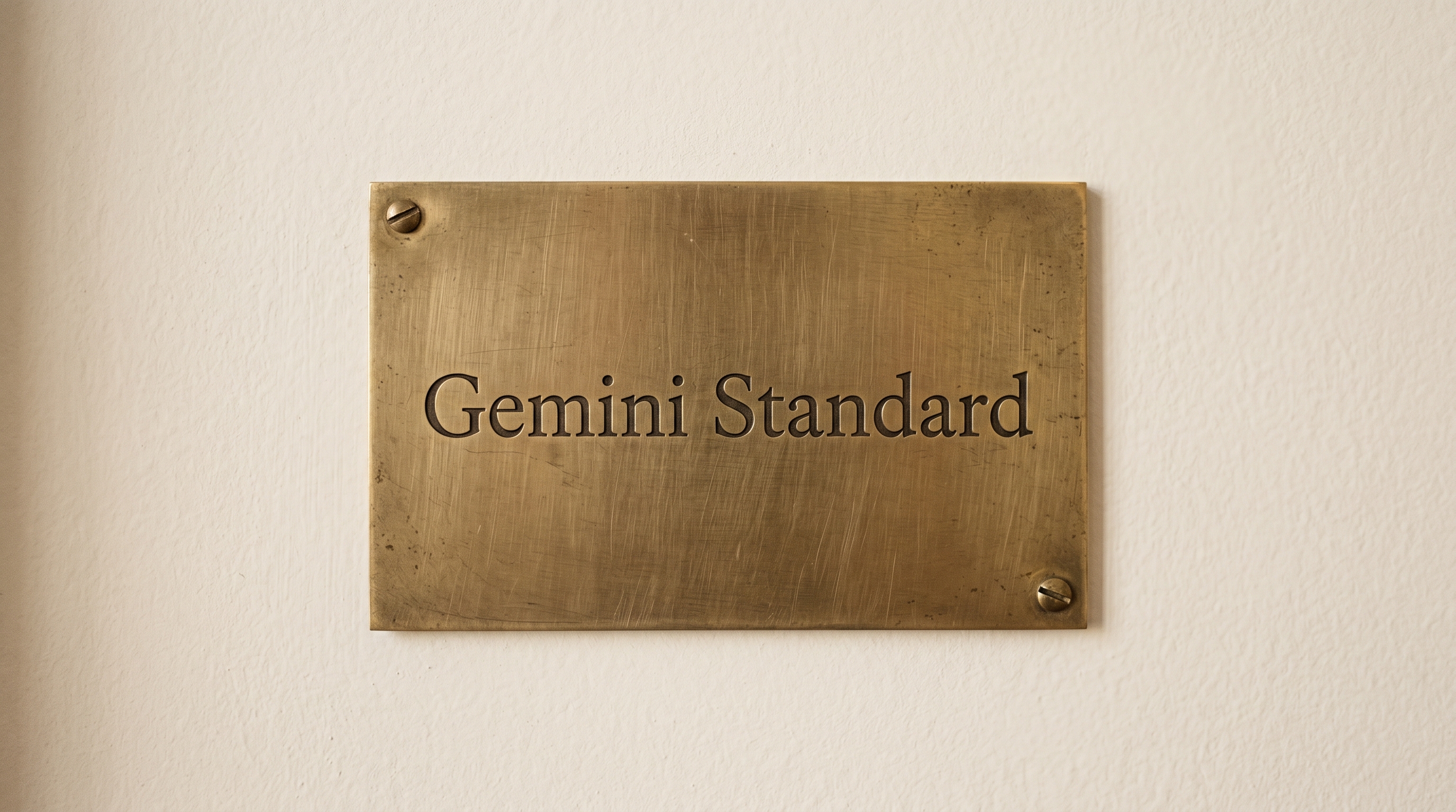 A rectangular brass plaque with "Gemini Standard" engraved in serif font, mounted on a textured off-white wall with two screws.