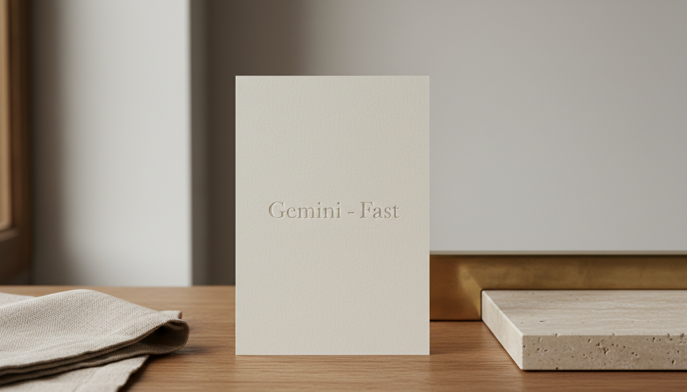 A cream-colored debossed letterpress card with 'Gemini - Fast' text, standing on a wooden surface next to folded linen and a travertine slab with a brass detail.