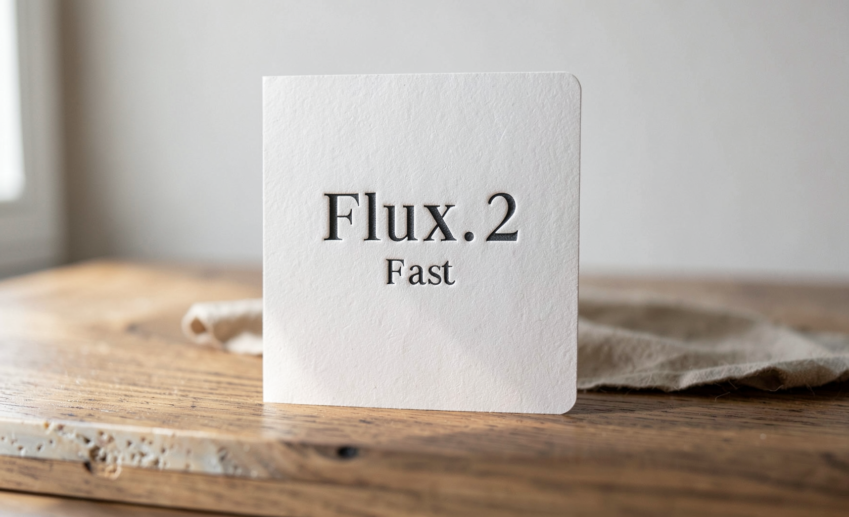 A white letterpress card with "Flux.2 Fast" debossed in black serif text, standing on a wooden surface next to folded linen.