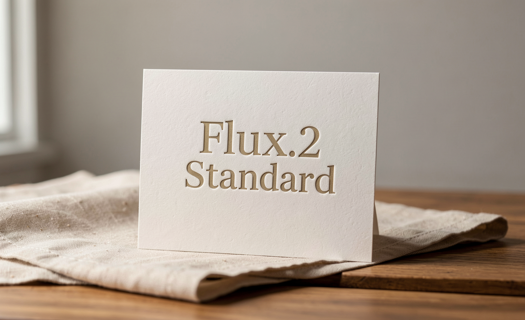 A white debossed letterpress card with "Flux.2 Standard" in gold text, standing on a light brown linen cloth and a wooden surface.