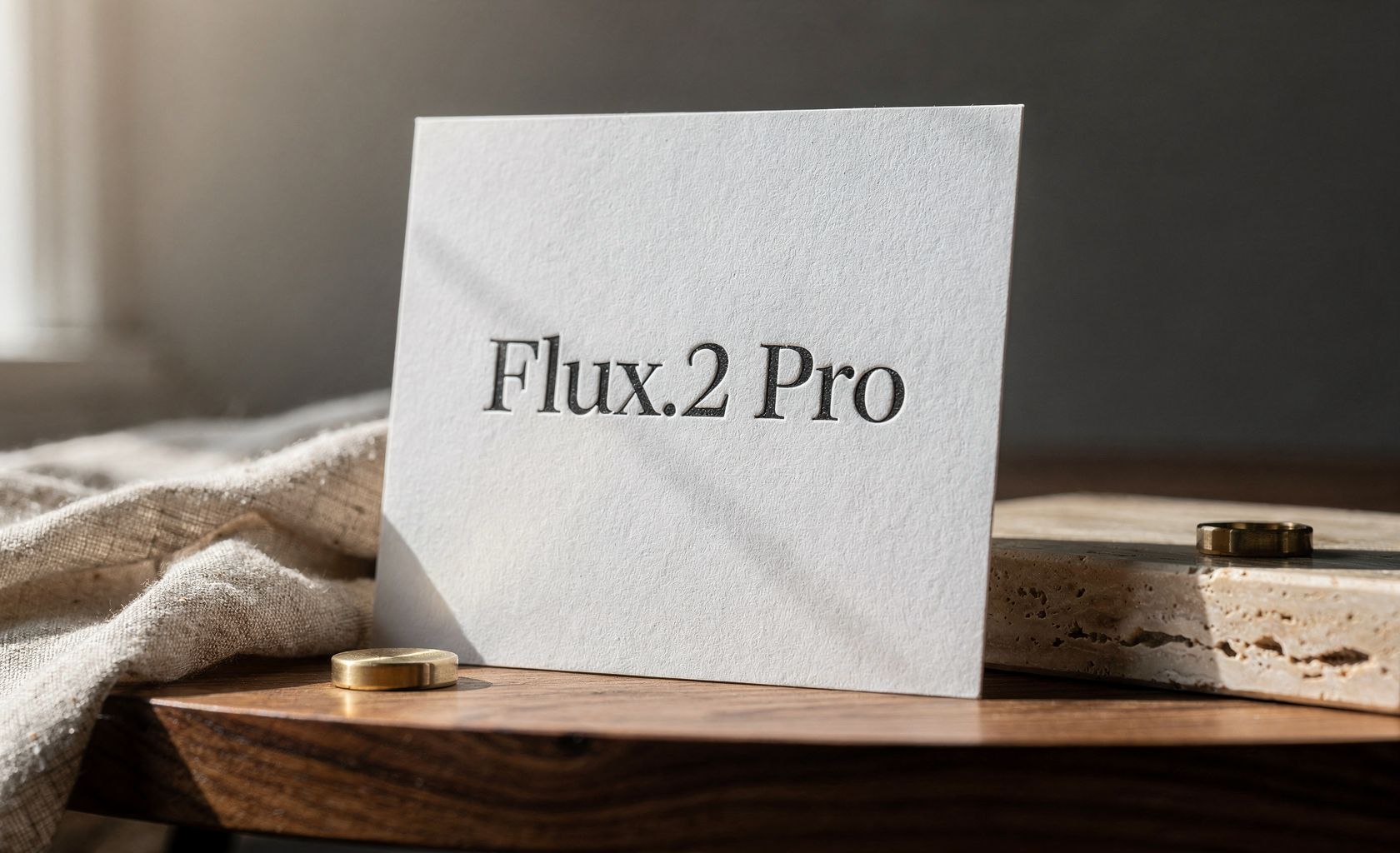 A white debossed letterpress card with "Flux.2 Pro" in black serif font, standing on a wooden surface with linen, brass, and travertine accents.