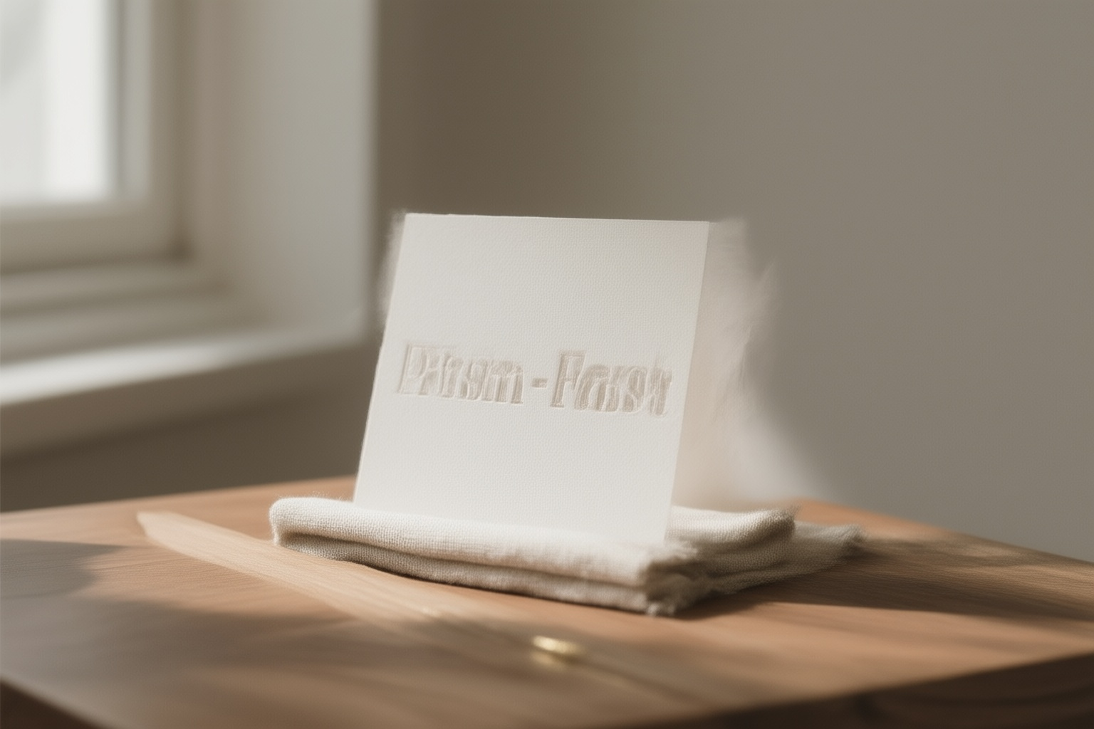 A white debossed card with 'Prism - Fast' text, standing on folded beige linen on a wooden surface, illuminated by soft window light.