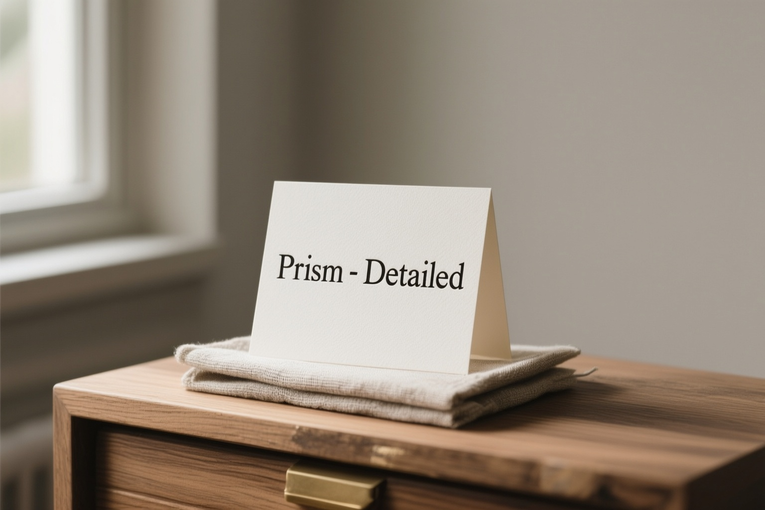 A cream-colored, tent-fold letterpress card with "Prism - Detailed" in black serif text, resting on folded beige linen on a wooden surface.
