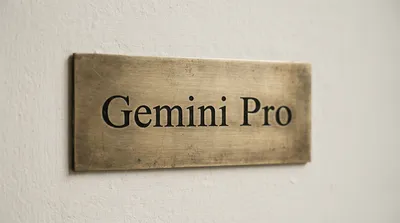A brass plaque with "Gemini Pro" engraved in serif font, mounted on a textured off-white wall, lit from the left.