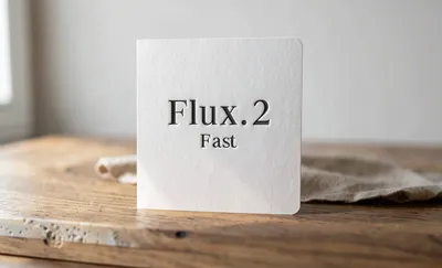 A white letterpress card with "Flux.2 Fast" debossed in black serif text, standing on a wooden surface next to folded linen.