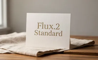 A white debossed letterpress card with "Flux.2 Standard" in gold text, standing on a light brown linen cloth and a wooden surface.