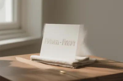 A white debossed card with 'Prism - Fast' text, standing on folded beige linen on a wooden surface, illuminated by soft window light.