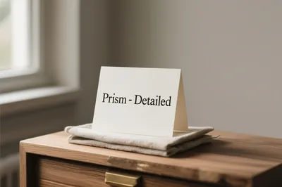 A cream-colored, tent-fold letterpress card with "Prism - Detailed" in black serif text, resting on folded beige linen on a wooden surface.