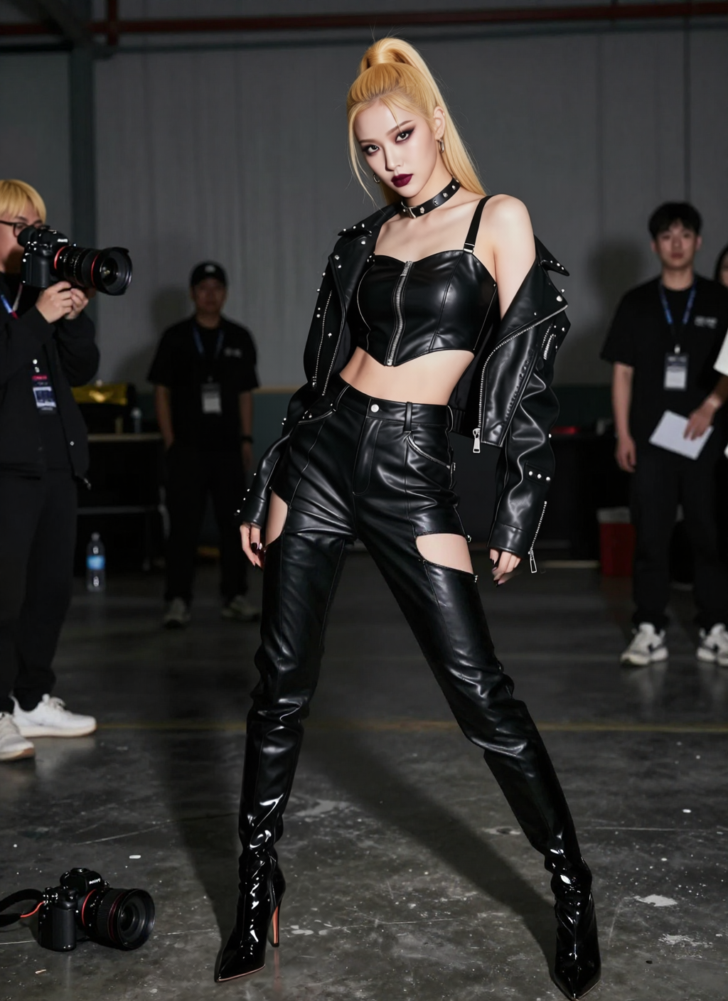 A blonde woman in a black leather outfit, including a studded jacket, crop top, and cut-out pants, poses confidently in a studio setting.