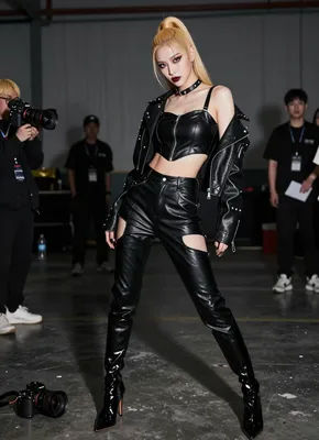 A blonde woman in a black leather outfit, including a studded jacket, crop top, and cut-out pants, poses confidently in a studio setting.