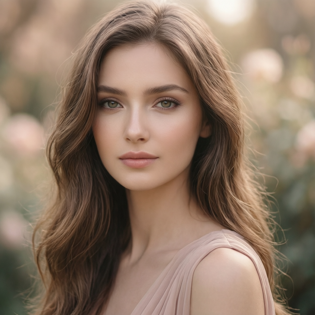 A close-up, photorealistic portrait of a young woman with long, wavy brown hair and green eyes, wearing a light pink dress, against a soft, blurred floral background.