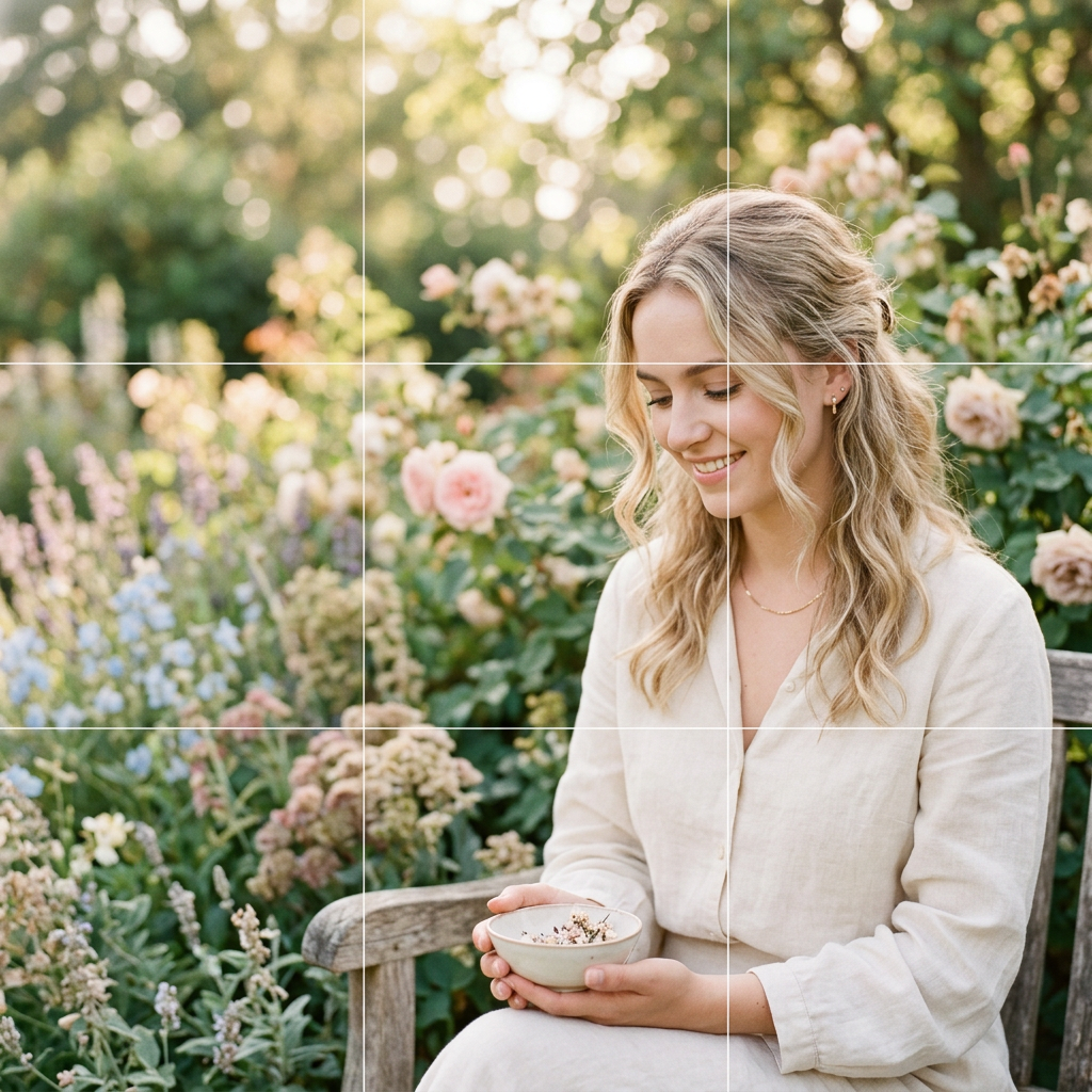 A smiling woman with blonde hair, wearing a light-colored linen dress, sits on a wooden bench in a sunlit garden, holding a small bowl.