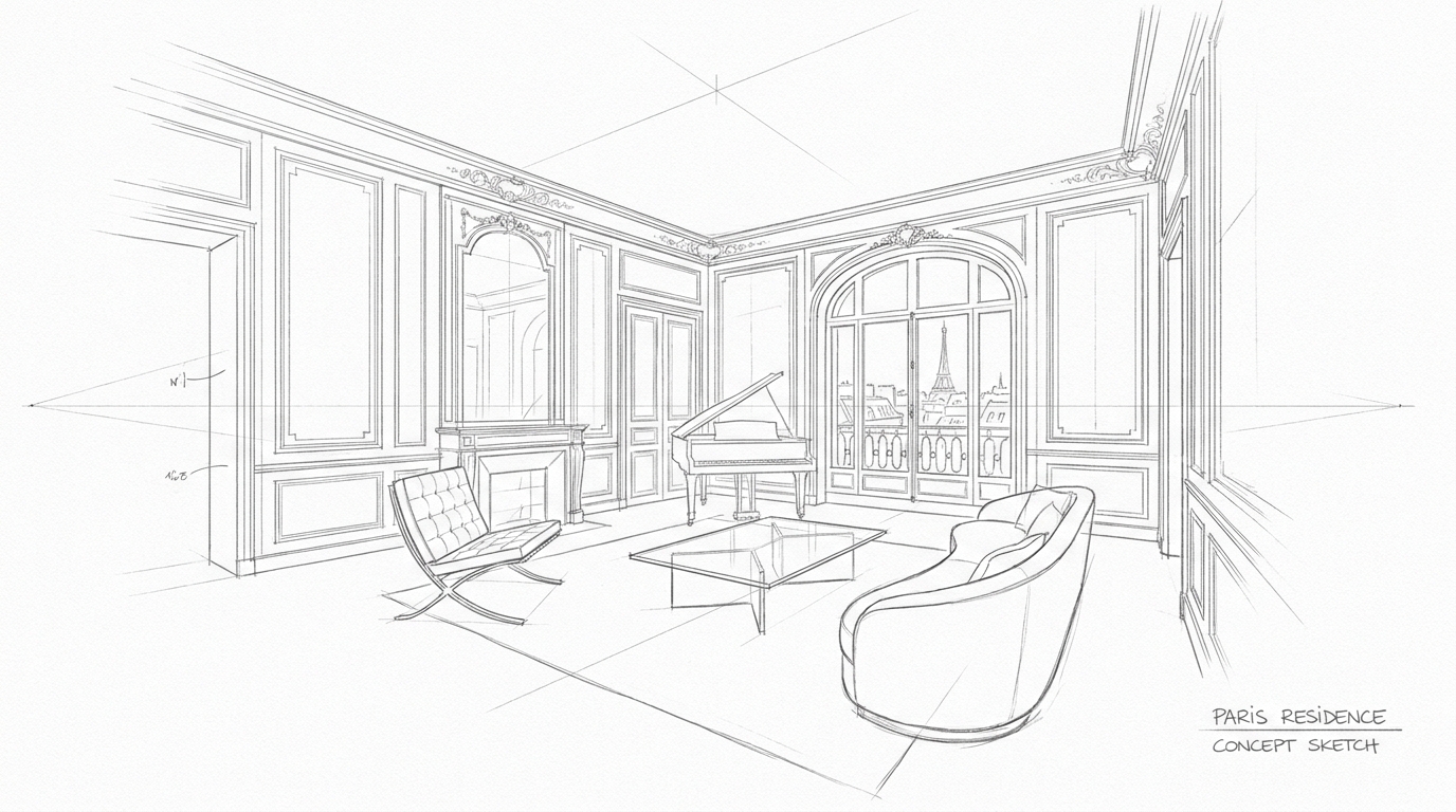 A hand-drawn architectural sketch of a luxurious Parisian living room with high ceilings, ornate mouldings, contemporary furniture, and a large arched window overlooking the Eiffel Tower.