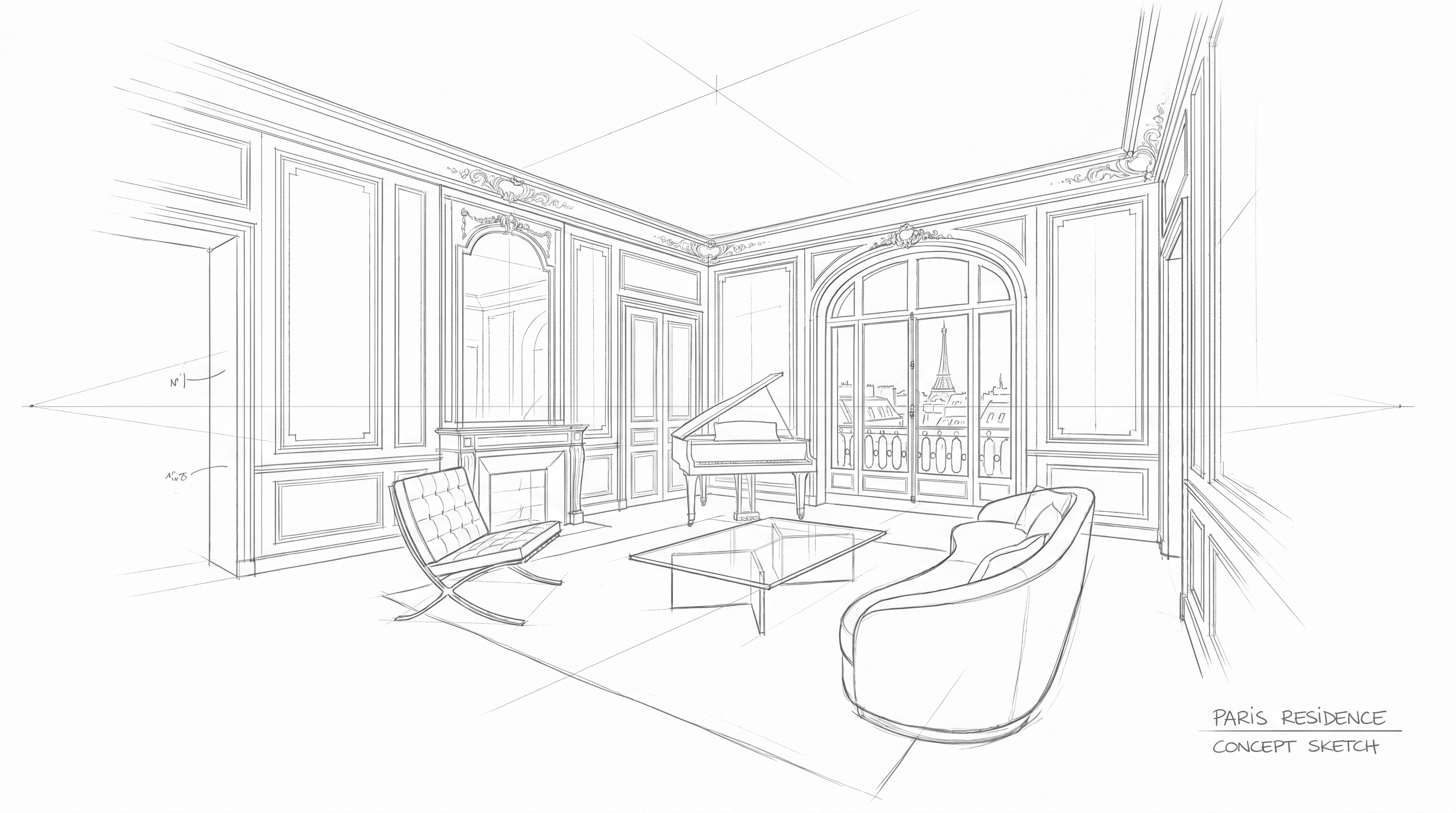 A hand-drawn architectural sketch of a luxurious Parisian living room with a grand piano, modern furniture, and a view of the Eiffel Tower through an arched window.