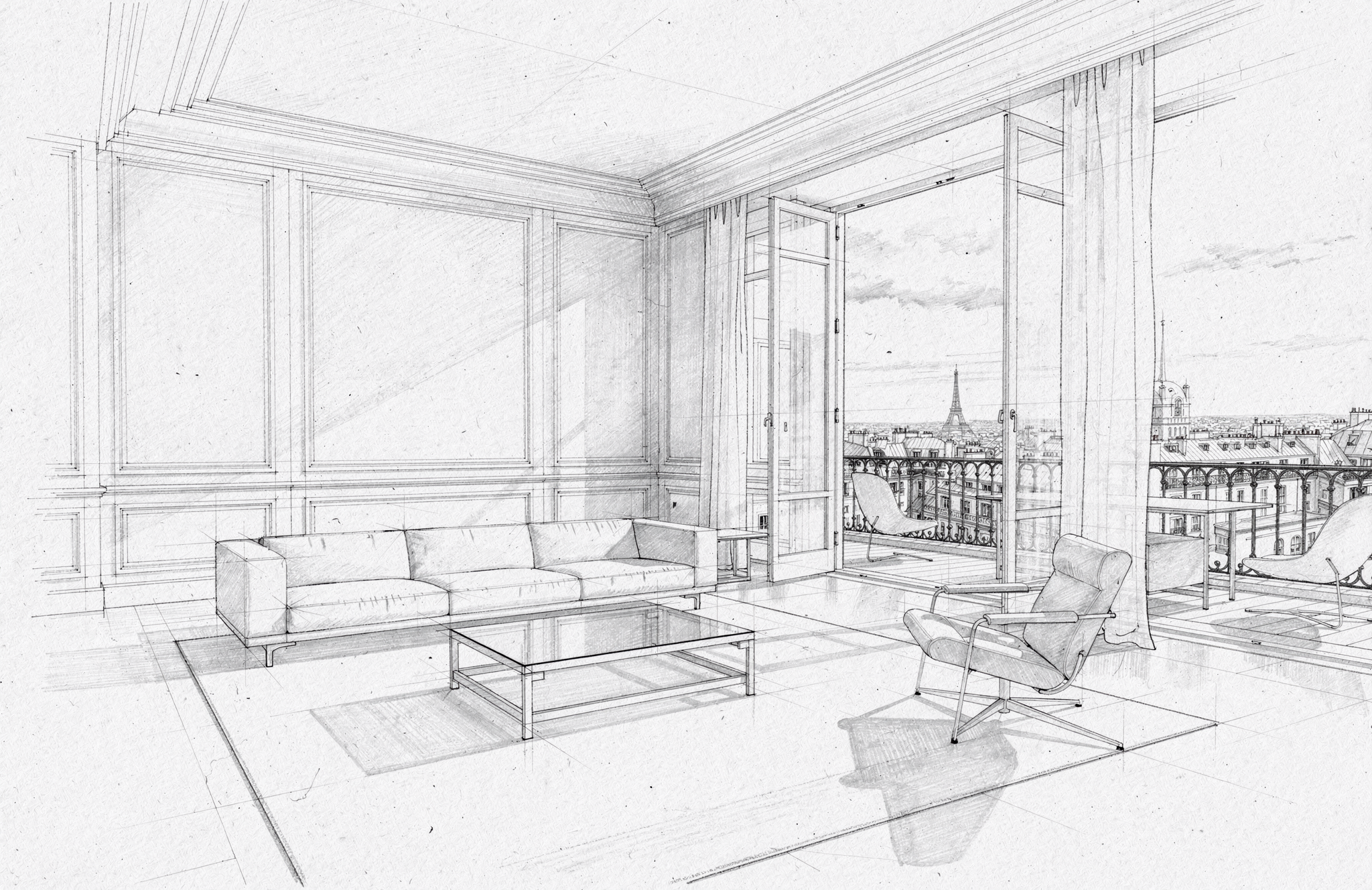 A detailed architectural sketch of a luxurious Parisian living room with a balcony overlooking the city and the Eiffel Tower.