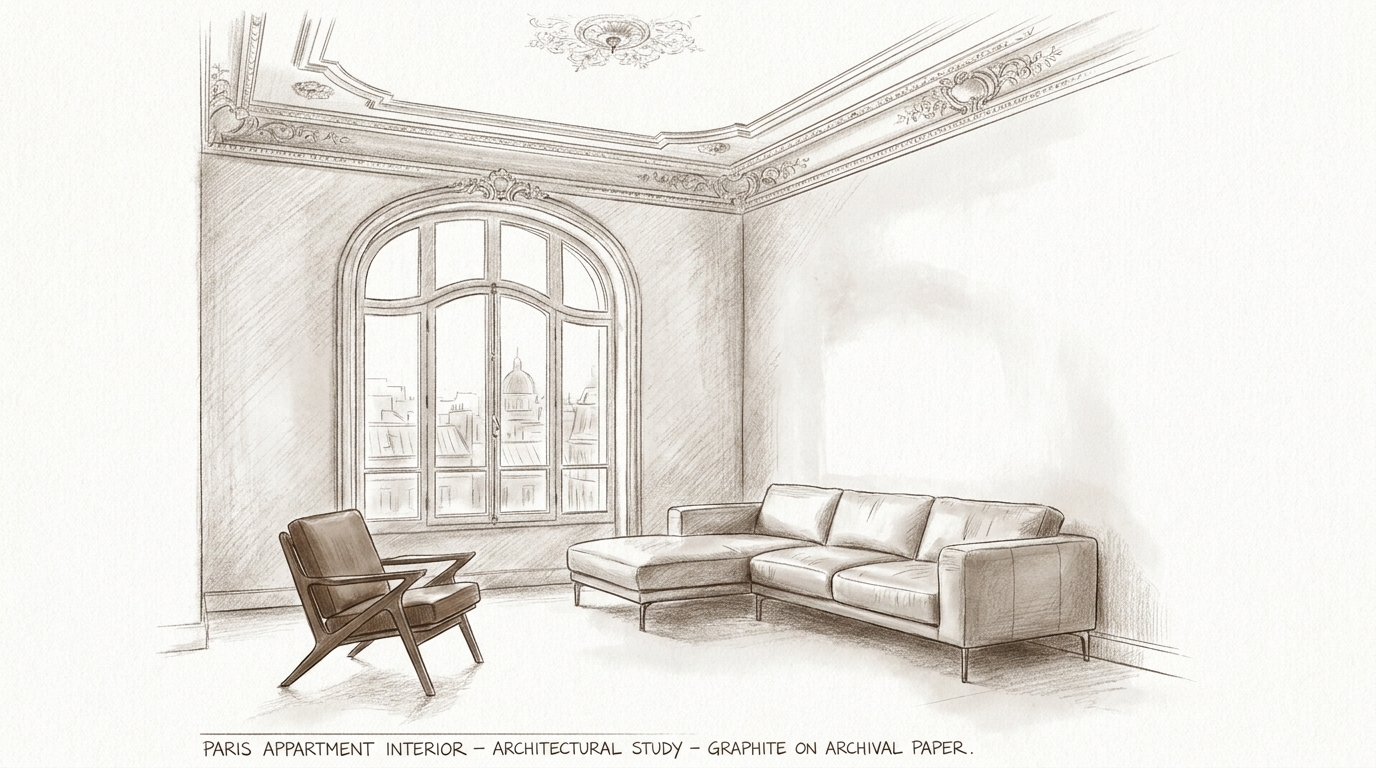 A detailed graphite architectural sketch of a Parisian living room with an arched window, ornate ceiling, a modern sectional sofa, and a mid-century armchair.