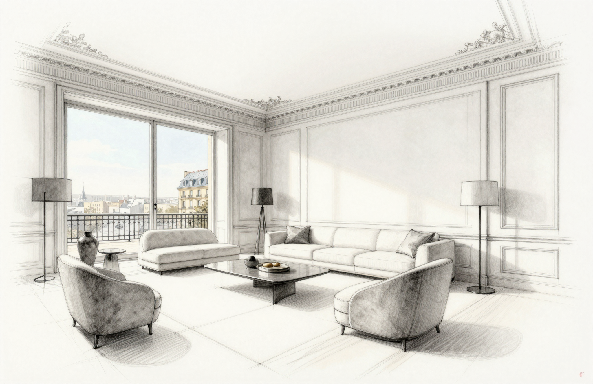 A hand-drawn architectural sketch of a luxurious Parisian living room with contemporary furniture, high ceilings, ornate mouldings, and a large window overlooking the city.