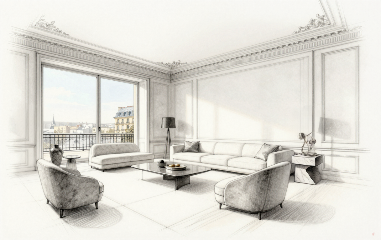 A detailed pencil sketch of a luxurious living room with classic Parisian architectural details, featuring sofas, armchairs, a coffee table, and a balcony overlooking a city.