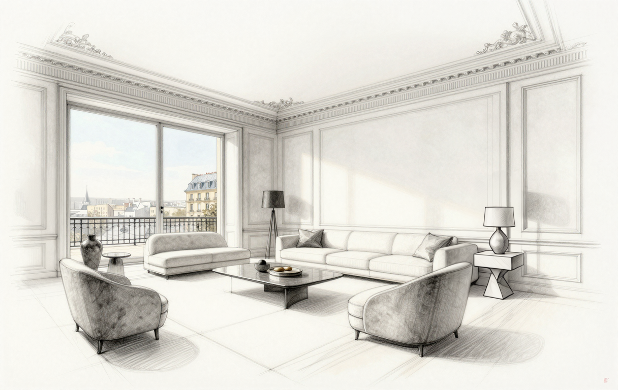 A detailed pencil sketch of a luxurious living room with a large window overlooking a city, featuring modern furniture and classical architectural details.