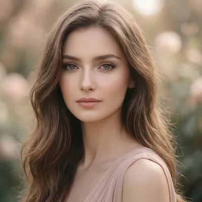 A close-up, photorealistic portrait of a young woman with long, wavy brown hair and green eyes, wearing a light pink dress, against a soft, blurred floral background.
