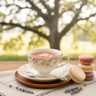 A white teacup with gold floral patterns, filled with steaming rose tea and a pink petal, sits on a saucer with a silver spoon. Next to it are stacked pastel macarons and lavender sprigs, all on a wooden tray and linen napkin, with a blurred green tree in the background.