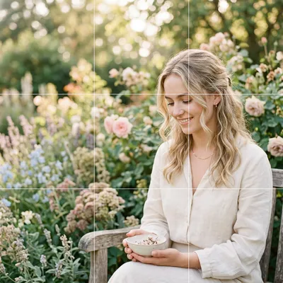A smiling woman with blonde hair, wearing a light-colored linen dress, sits on a wooden bench in a sunlit garden, holding a small bowl.