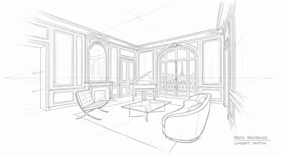A hand-drawn architectural sketch of a luxurious Parisian living room with a grand piano, modern furniture, and a view of the Eiffel Tower through an arched window.