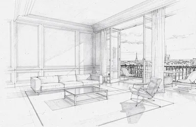 A detailed architectural sketch of a luxurious Parisian living room with a balcony overlooking the city and the Eiffel Tower.
