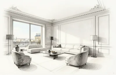 A hand-drawn architectural sketch of a luxurious Parisian living room with contemporary furniture, high ceilings, ornate mouldings, and a large window overlooking the city.