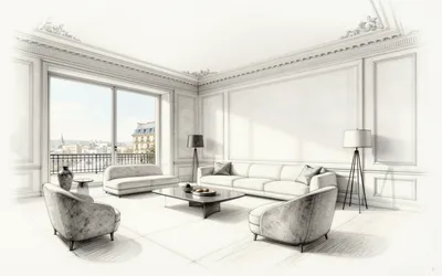 A detailed pencil sketch of a luxurious living room with classic architectural details, modern furniture, and a balcony overlooking a city.
