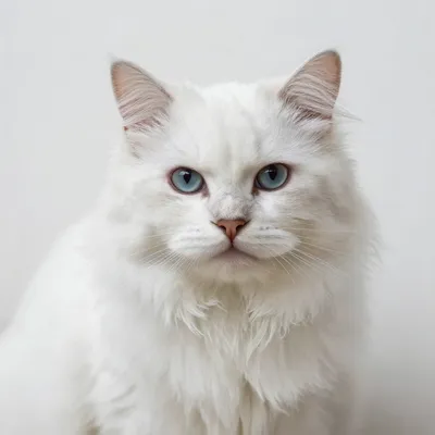 Close-up portrait of a long-haired white cat with piercing blue eyes, looking directly at the viewer.